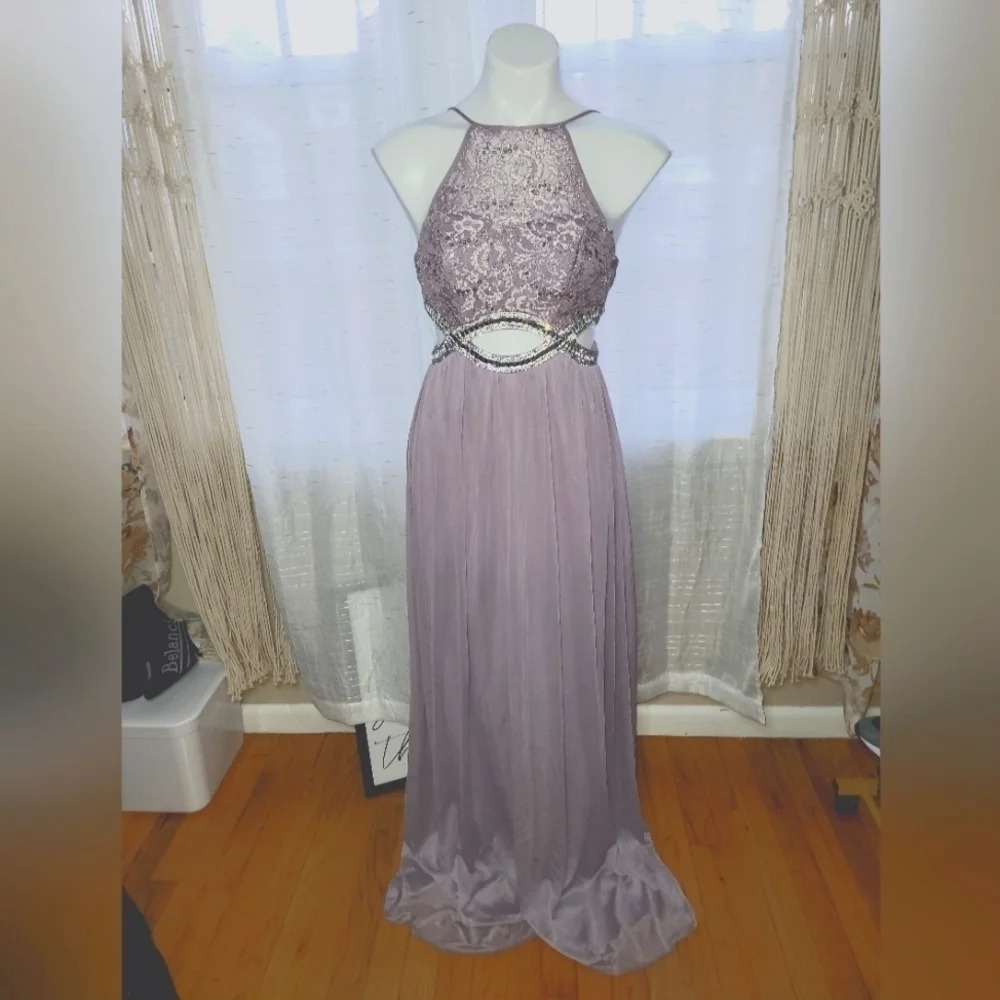 Sequin Cut Out Embellished Waist Gown Maxi Dress Purple Silver - Picture 2 of 12